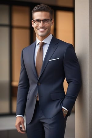 Create an image of a professional man with attractive features. He has deep, rich brown eyes that exude warmth and intelligence, framed by long, dark lashes. His face is well-proportioned with a strong jawline, high cheekbones, and a friendly smile that reaches his eyes. He has a fair complexion and wears stylish spectacles. His demeanor is confident and approachable, dressed in a sharp business outfit consisting of a tailored coat, pants, and polished boots. His overall appearance radiates professionalism, competence, and a natural warmth that makes him easily approachable.