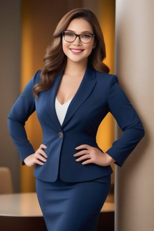 Create an image of a professional woman with attractive features and a curvy body. She has sparkling, expressive eyes that exude warmth and intelligence, framed by long, dark lashes. Her face is elegantly shaped with high cheekbones, a graceful jawline, and a radiant smile that lights up her entire face. She has a fair complexion and wears stylish glasses. Her body is curvy and well-proportioned, complementing her professional attire. She is dressed in a sharp business outfit consisting of a tailored blazer, a blouse, and a fitted skirt or trousers that highlight her curves, paired with polished heels. Her overall appearance radiates professionalism, competence, and a natural warmth that makes her easily approachable.