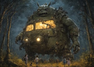 Create a photo-realistic Halloween big fat (Evil) (Zombie) (Mecha) (Totoro) (Fangs) holding a little girl's hand and throwing a party in the forest (Little Girl) (Bus). (Miyazaki style)
Illuminated by torchlight.