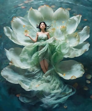 1girl, solo, black hair, bare shoulders, full body, flower, sleeveless, light green dress, silk, floating dress, closed eyes, smile, flying, dramatic light from top, water drop, halo