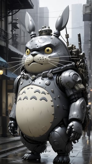 Design a futuristic android version of Totoro. Maintain his grey and white color pattern, with his distinctive face and antennae-like features. His android form should be agile and compact, incorporating advanced technology and a friendly, approachable demeanor, MASTERPIECE by Aaron Horkey and Jeremy Mann, sharp, masterpiece, best quality, Photorealistic, ultra-high resolution, photographic light, Hyper detailed, hyper realistic