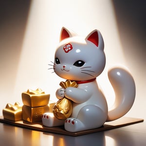 A serene lucky cat statue on a pristine white background, its right paw raised while clutching a gleaming golden nugget. The composition is centered, with soft, even lighting highlighting the cat's porcelain finish and the nugget's radiant sheen. The pose exudes a sense of luck and prosperity.