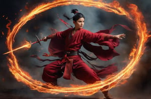 nezha. a 12 years old boy. solo, black hair,crimson garment, full body, fire, sharp eyes full determination, flying, dramatic light from top, normal human proportion, two legs, sword, fire hulahoop, burning hands, normal torso proportion, normal hand