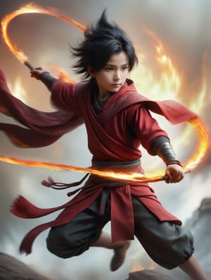 nezha. a 12 years old boy. solo, black hair,crimson garment, full body, fire, sharp eyes full determination, flying, dramatic light from top, normal human proportion, two legs, sword, fire hulahoop, burning hands, normal torso proportion, normal hand