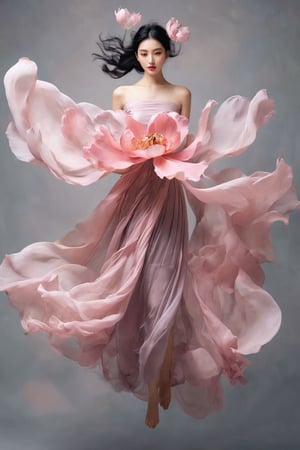 2girl, solo, black hair, bare shoulders, full body, flower, sleeveless, pink dress, silk, floating dress, looking at viewer, flying, dramatic light from top, white background