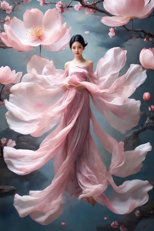 2girl, solo, black hair, bare shoulders, full body, flower, sleeveless, pink dress, silk, floating dress, looking at viewer, flying, dramatic light from top, sakura flowers