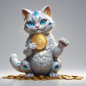 (best quality, masterpiece, highres, ultra-detailed, 8K, RAW image),high details, realisitc detailed, ultra realistic, a charming lucky cat with gold accessories, blue glowing eyes, inlit by a stark white studio light casting an intricate shadows, eye contact, kind smile, lipgloss, bliss, willowy, chiseled, (perfect anatomy, prefecthand, dress, long fingers, 4 fingers, 1 thumb), holding sparkling giant golden coin ,glass shiny style,made of water bubbles,chrometech,surface imperfections,cinematic_warm_color,colorful,color art