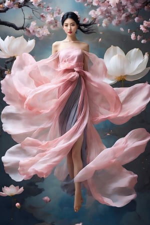 1girl, solo, black hair, bare shoulders, full body, flower, sleeveless, pink dress, silk, floating dress, looking at viewer, flying, dramatic light from top, sakura flowers