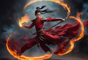 nezha. a 12 years old boy. solo, black hair,crimson garment, full body, fire, sharp eyes full determination, flying, dramatic light from top, normal human proportion, two legs, sword, fire hulahoop