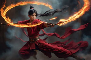 nezha. a 12 years old boy. solo, black hair,crimson garment, full body, fire, sharp eyes full determination, flying, dramatic light from top, normal human proportion, two legs, sword, fire hulahoop, burning hands, normal torso proportion, normal hand