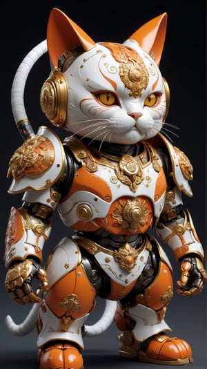 Design a futuristic android version of Lucky Cat. Maintain his distinguished colour of white and orange pattern, with his distinctive face and antennae-like features. cladded in golden armor. His android form should be agile and compact, incorporating advanced technology and a friendly, approachable demeanor, MASTERPIECE by Aaron Horkey and Jeremy Mann, sharp, masterpiece, best quality, Photorealistic, ultra-high resolution, photographic light, Hyper detailed, hyper realistic