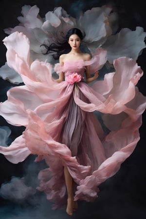 2girl, solo, black hair, bare shoulders, full body, flower, sleeveless, pink dress, silk, floating dress, looking at viewer, flying, dramatic light from top, dark background, smoke