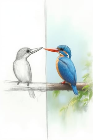 The image is split in half, showing a side-by-side comparison of an early pencil sketch and its final realistic watercolour painting. On the left side, depict a rough, hand-drawn pencil sketch with loose lines, resembling an initial concept. The sketch shows a Kingfisher, perched on a branch. The figure has minimal detail and is monochrome. The lines are quick and imperfect, giving the feeling of an unfinished idea. On the right side, display a highly realistic watercolour painting that is exactly the same as the sketch, including an appropriate background. this painting has bought the initial sketch to life, with a fully coloured Kingfisher. Watercolor painting styleWatercolor style. A painting of a blue Iake. In the middle is a kingfisher ,intricate details, perched on an extended dark brown tree branch with green leaves,in the foreground. Reflections and shading. White background, dark mode,uhd,
hdr,24K, 40s 