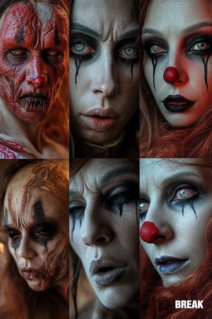 A character sheet showing six faces.
BREAK
Each Face shows a different style of halloween make up from very mild to very scary.  
BREAK
Extremely detailed, high-quality, hyper-realistic, masterpiece photography. very realistic. In frame, full length image, vibrant colors, sharp focus, depth of field, 32k photo, HDR, professional lighting, taken with Canon EOS R5, 75mm lens, soft focus, Professional Photoshoot Quality.,photorealistic,Halloween makeup