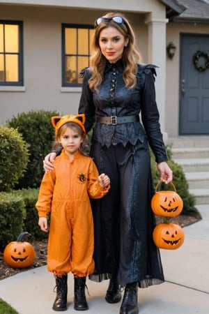 A high quality image of mother and child dressed in halloween costumes stood outside the viewers house tick or treating,woman,halloween themed ,score_9, score_8_up, score_7_up, score_6_up,halloween_makeup