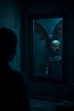 An image of a dark, creepy room with a large mirror hanging on the wall, there is a female person looking into the the mirror, the only reflection in the mirror is that of a large bat with red glowing eyes, and a scary creepy doll.,Spooky Creepy Mirror Reflection 