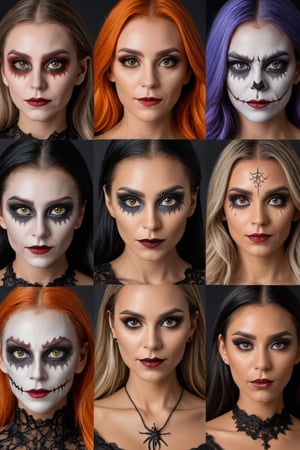 A character sheet showing six faces.
BREAK
Each Face shows a different style of halloween make up for a party.  
BREAK
Extremely detailed, high-quality, hyper-realistic, masterpiece photography. very realistic. In frame, full length image, vibrant colors, sharp focus, depth of field, 32k photo, HDR, professional lighting, taken with Canon EOS R5, 75mm lens, soft focus, Professional Photoshoot Quality.,photorealistic