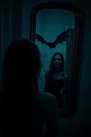 An image of a dark, creepy room with a large mirror hanging on the wall, there is a female person looking into the the mirror, the refletion in the mirror is that of a bat, that has the appearance of flying out of the mirror.,Spooky Creepy Mirror Reflection 