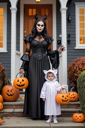 A high quality image of mother and child dressed in halloween costumes stood outside the viewers house tick or treating,woman,halloween themed 