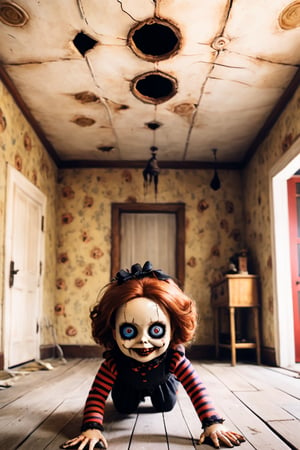 A scary and creepy image of a child sized doll crawling, upside down, across the ceiling of a very creepy house. the doll is looking directly at the viewer with a creepy grin.,halloween,DonMCr33pyD0115XL,halloween themed 