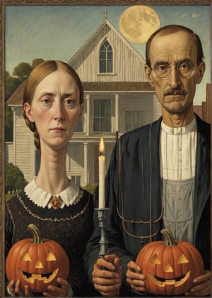 Prompt: an image of the well known painting American Gothic. in this image the heads are replaced with Jack O Lanterns, and both subjects are holding a long lit candle. 