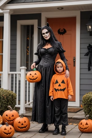 A high quality image of mother and child dressed in halloween costumes stood outside the viewers house tick or treating,woman,halloween themed 