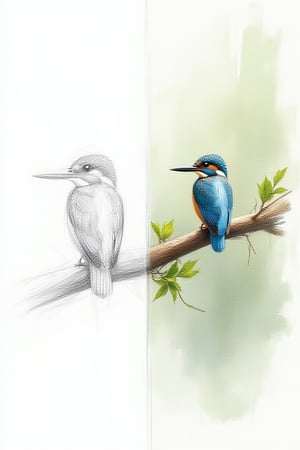 The image is split in half, showing a side-by-side comparison of an early pencil sketch and its final realistic watercolour painting. On the left side, depict a rough, hand-drawn pencil sketch with loose lines, resembling an initial concept. The sketch shows a Kingfisher, perched on a branch. The figure has minimal detail and is monochrome. The lines are quick and imperfect, giving the feeling of an unfinished idea. On the right side, display a highly realistic watercolour painting that is exactly the same as the sketch, A painting of a blue Iake. In the middle is a kingfisher ,intricate details, perched on an extended dark brown tree branch with green leaves,in the foreground. Reflections and shading. White background this painting has bought the initial sketch to life, with a fully coloured Kingfisher. Watercolor painting styleWatercolor style. , dark mode,uhd,
hdr,24K, 40s 