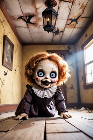 A scary and creepy image of a child sized doll crawling across the ceiling of a very creepy house. the dol is looking directly at the viewer with a creepy grin.,halloween,DonMCr33pyD0115XL,halloween themed 