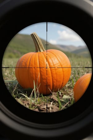 In an ultra-high resolution 8k wallpaper, a rifle scope's 2.0 perspective frames a realistic scene. A reticle pattern (2.0) dominates the center, with a front view (2.0) of a majestic pumpkin (Drawn in crosshairs distance: 2.0). The autumnal gourd is meticulously rendered in intricate detail, as if plucked from a vivid dream.