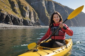 Side protrait of a sea kayak.  In the kyak is of an Attractive female, 60 years of age, shoulder length dark hair.  cliffs are in the background.,woman