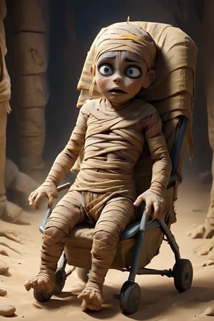 An image of a child in a push chair, the child is mummified, wrapped in bandages as an egyptian mummy would be.  The child is holding his arms out to be picked up.,score_9, score_8_up, score_7_up,score_6_up, score_5_up, score_4_up,Mummy,color art,colorful