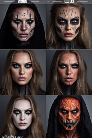 A character sheet showing six faces.
BREAK
Each Face shows a different style of halloween make up from very mild to very scary.  
BREAK
Extremely detailed, high-quality, hyper-realistic, masterpiece photography. very realistic. In frame, full length image, vibrant colors, sharp focus, depth of field, 32k photo, HDR, professional lighting, taken with Canon EOS R5, 75mm lens, soft focus, Professional Photoshoot Quality.,photorealistic,Halloween makeup