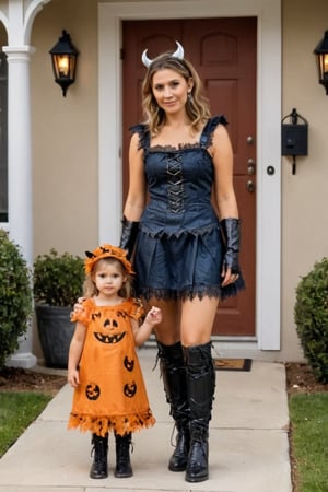 A high quality image of mother and child dressed in halloween costumes stood outside the viewers house tick or treating,woman,halloween themed ,score_9, score_8_up, score_7_up, score_6_up,halloween_makeup