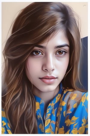 A captivating photorealistic portrait of an 18-year-old pakistani girl, posed with a subtle smile that radiates warmth and joy, her nose sculpted with intricate details, skin tone rendered in ralistic glowing lifelike realism. Dark eyes gaze into the distance, lost in thought, while neatly styled dark hair frames her face. The composition is well-balanced, with the subject placed slightly off-center, creating visual interest.