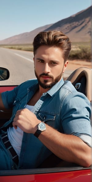 A majestic photograph captures the dashing European man, aged 28, with piercing sapphire blue eyes and radiant complexion, sitting in the driver's seat of a sleek red Ferrari car with open roof on a desert road. Framed by the open roof, his broad face, beard, and short chest hair exude charm as he drives at high speed. His light brown hair ruffles in the wind, and his bright, long-lashed eyes sparkle with a calm smile. He wears a white shirt under a blue jeans jacket, showcasing his athletic physique. The car's logo gleams in the sunlight, casting a warm glow on his features. A tattoo of a lion adorns his arm, adding to his rugged charm. With intricate details, perfect focus, and supreme resolution, this photorealistic masterpiece captures every nuance of its subject.