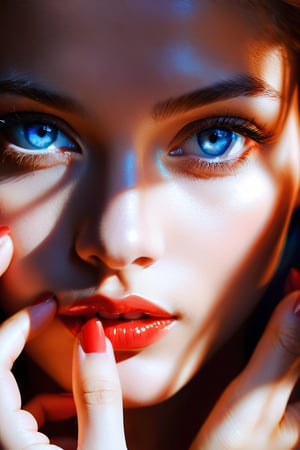 Photorealistic portrait of a stunning young woman in high definition. Her luminous blue eyes, like polished sapphires, captivate the viewer from this intimate close-up perspective. Her real skin glows with a healthy sheen as she cradles her face in both hands, emphasizing the delicate contours of her features. The focal point is her sumptuous red lips, painted with precision and care, drawing the eye into the frame's warm, soft lighting.