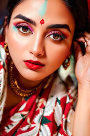 A photorealistic portrait of a radiant young Indian woman, shot from an intimate close-up perspective. Her piercing dark eyes, framed by luscious lashes, dominate the frame, as she cradles her face in both hands, highlighting the subtleties of her features. her sumptuous red lips, painted with precision, draw the viewer's gaze into the inviting warmth of the scene.