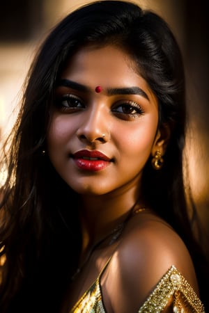 A radiant young Indian woman's face fills the frame, shot from a close-up perspective. Her dark eyes, fringed with luscious lashes, shine brightly as she cradles her face in both hands, showcasing subtle features. Sumptuous red lips, painted with precision, draw the gaze into the inviting warmth of the scene, illuminated by soft, gentle lighting.