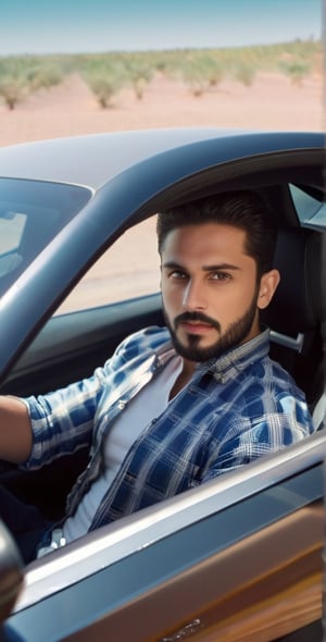 A majestic photograph of a dashing Middle Eastern man, aged 30, with piercing blue eyes and radiant complexion, sitting in the driver's seat of a sleek Ferrari car on a desert road. His broad face, moderate cut beard, and short chest hair exude charm. As he drives at high speed, his short hair ruffles, and his bright, long-lashed eyes sparkle with a gentle smile. He wears a checkered shirt with open front buttons, showcasing his athletic physique. The car's logo gleams in the sunlight, casting a warm glow on the man's features. With intricate details, perfect focus, and supreme resolution, this photorealistic masterpiece captures every nuance of its subject.