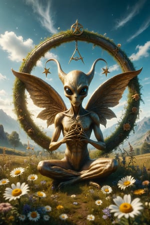 Design a scene of a golden alien with wings and horns holding a golden pentacle with both hands, located in a green meadow, with flowers and a grass arch, and the blue sky