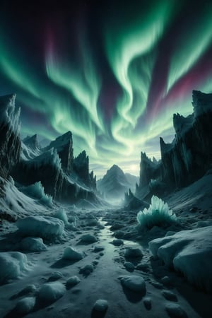 A mountain covered in snow and ice, with crystalline caves and the aurora borealis dancing in the sky.