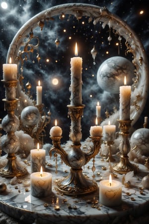 A candle with marble texture and interesting, surreal organic curves, in a surreal lunar landscape with candelabras reflecting moonlight. Inlaid moons, decorative gold accents, feathers, diamonds, and iridescent bubbles.