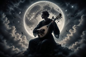 A  pale-skinned minstrel in black attire, playing a lyre whose strings resonate with melodies evoking images of dancing shadows under a waning moon.