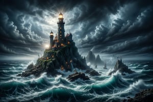 An enchanted lighthouse on a rocky cliff, whose light guides ghost ships through a stormy sea, while sirens emerge singing from the cresting waves.