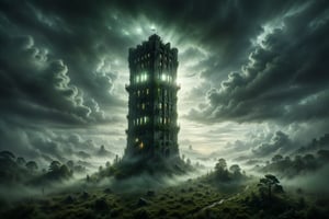 A solitary tower shrouded in green mist, with windows illuminated by flashes of light seeming to project images of possible futures in the cloudy skies above.
