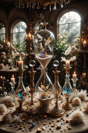 An hourglass with interesting, surreal organic curves, in a crystal garden where sand flows among glass flowers, with candelabras resembling shimmering stems. Inlaid crystal gardens, decorative gold accents, feathers, diamonds, and iridescent bubbles.