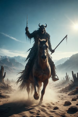 A horror monster mounted on a horse, holding a wooden wand high, symbolizing action, set in a desert with mountains and a blue sky.