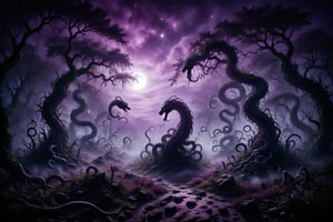 A nighttime dance of shadows twisting and intertwining like serpents in a forest clearing shrouded in purple mist, under the watchful gaze of the full moon.