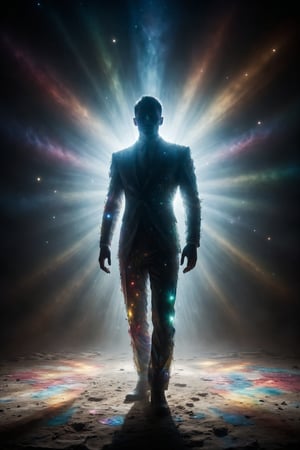 At the center stage, an enigmatic figure wears a suit entirely made of transparent crystal. Their body seems to merge with the surroundings, reflecting the light of the stars shining over the circus. Every movement of the artist creates flashes of prismatic colors that fill the air, transforming the surrounding space into a surreal landscape of light and shadow.