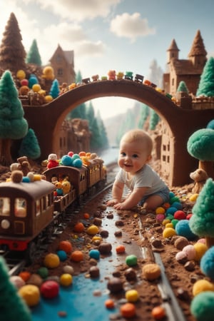 Create a scene of a plush train where the carriages are filled with toys and a smiling baby peeks out of the window of the first carriage, as the train crosses a candy bridge over a chocolate river.
